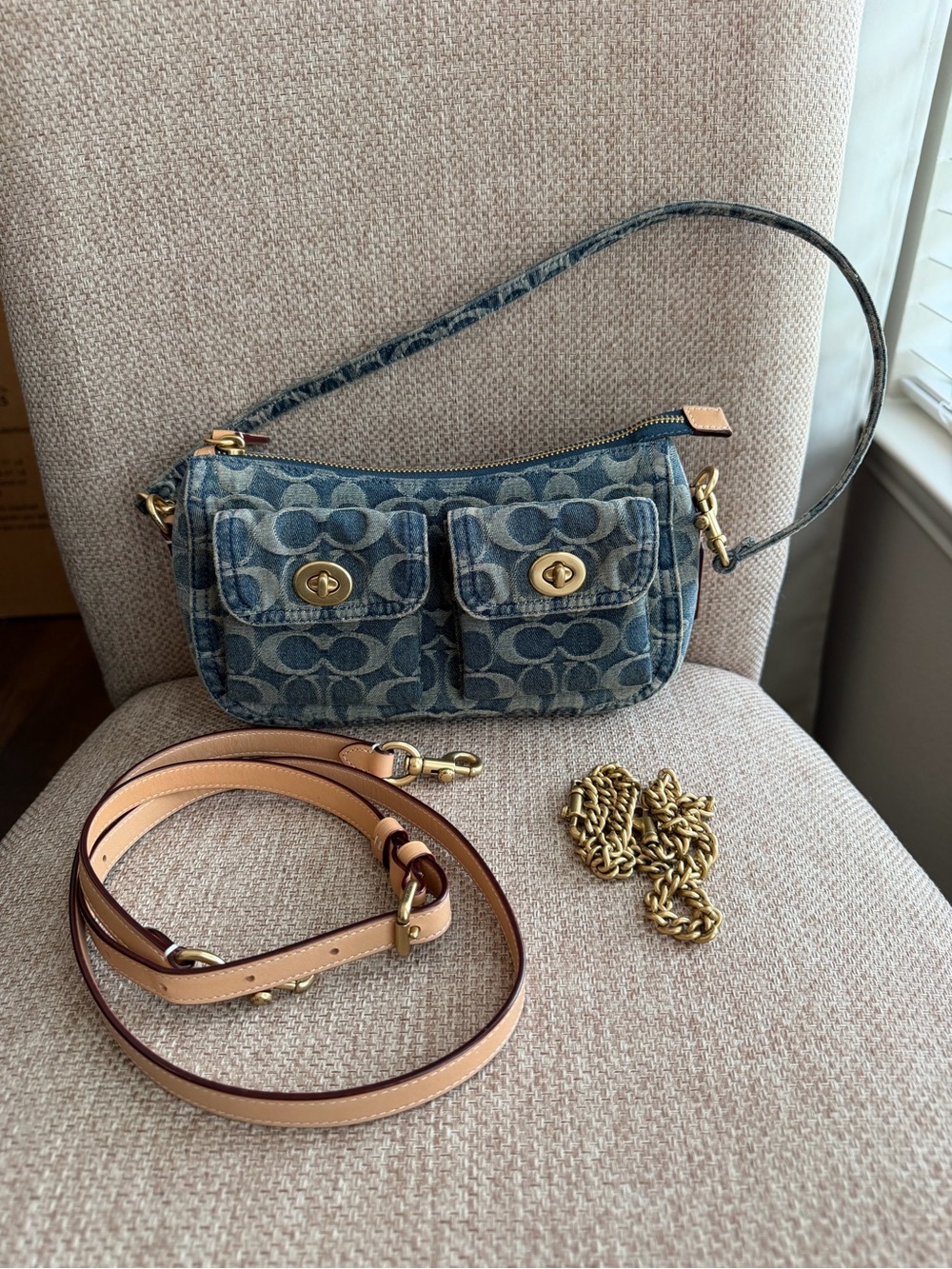Coach Blue denim Waverly Double Pocket Shoulder Bag with Gold Hardware like new